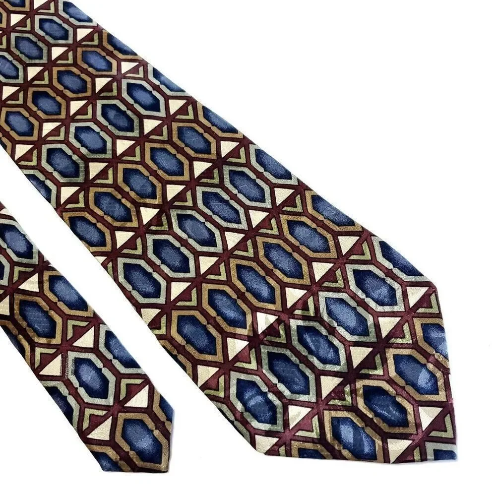 Z. Inc‎ Blue Tan Jacquard Geometric Print Wide Silk Tie